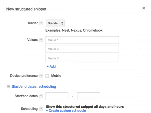 structured snippet fields in adwords