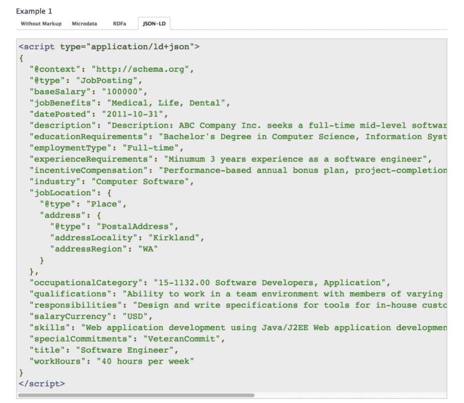 example of Schema mark-up for job postings