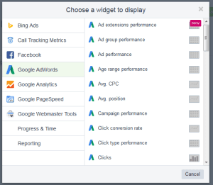 For each data source, there is a big selection of widgets that can be configured