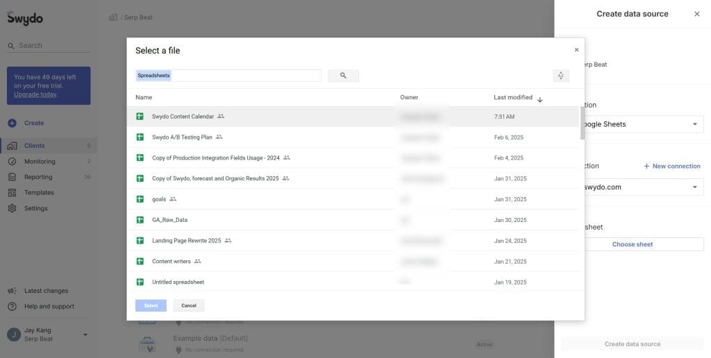 google sheet integration data source swydo