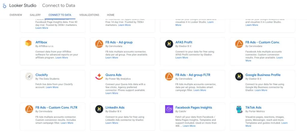 Data sources marketplace with a range of third party integrations