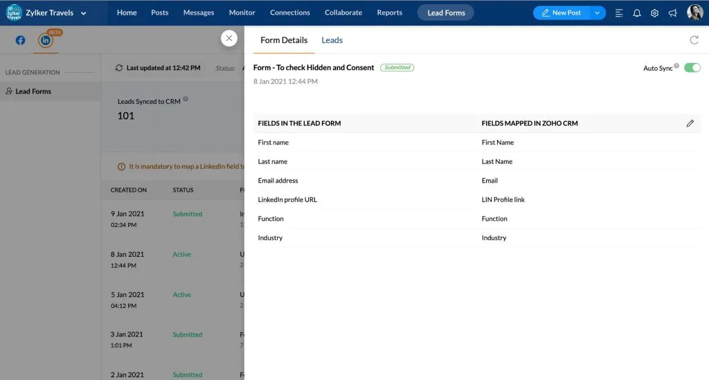 LinkedIn Lead Ads Integration Zoho Social