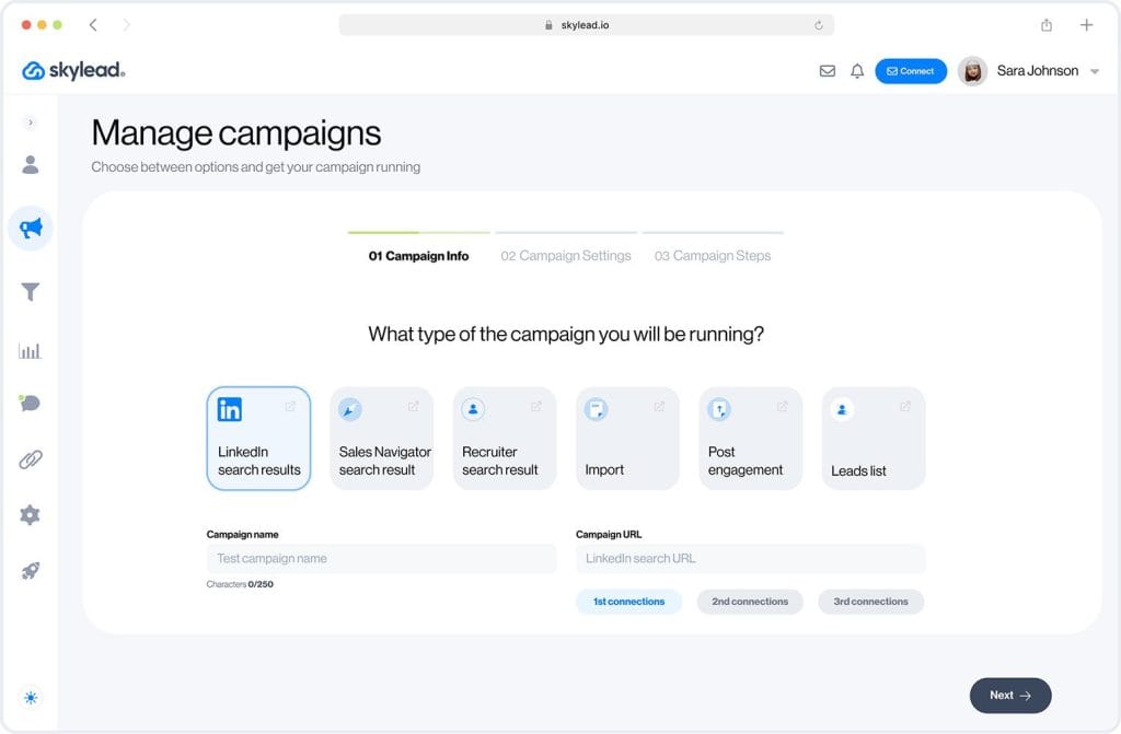 skylead linkedin automation and cold email software campaign creator dashboard
