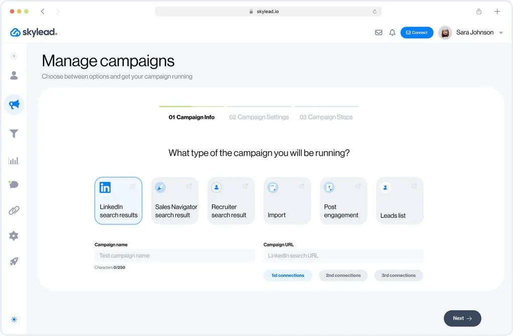 skylead linkedin automation and cold email software campaign creator dashboard