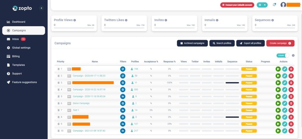 zopto campaigns tab overview