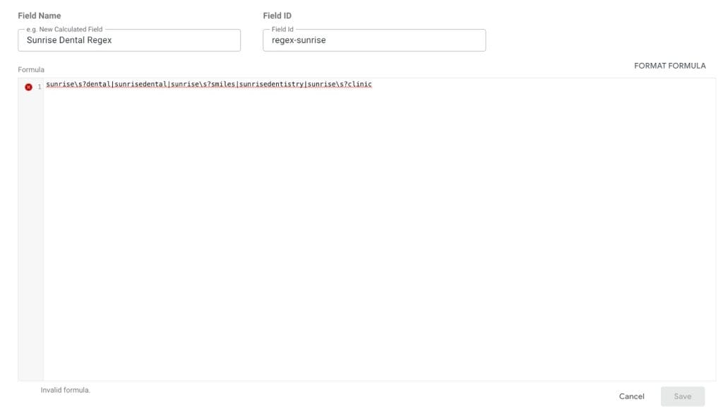 Invalid formula error when using Looker Studio regex