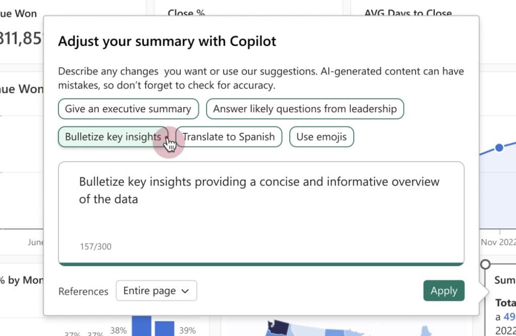 Power BI Copilot summary writer