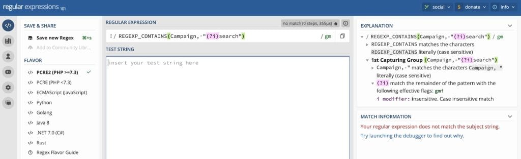 Using regex101.com to test Looker Studio regex formulas before using them in client reports