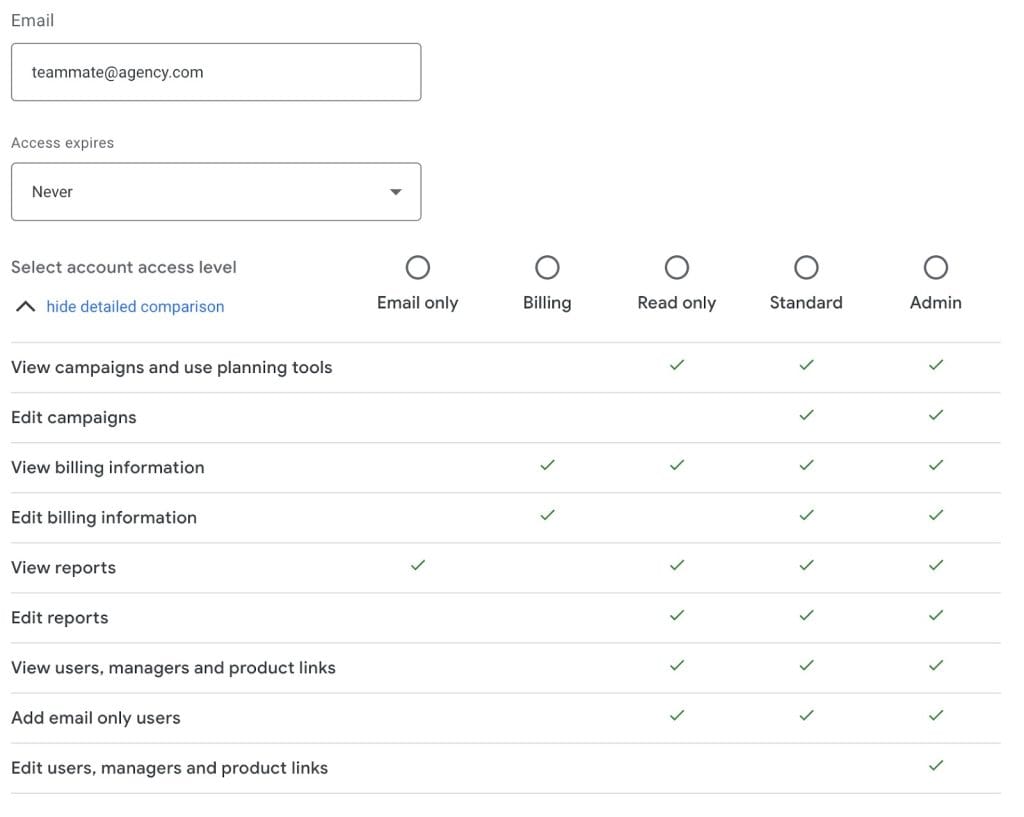 Assigning roles for an existing Google Ads account