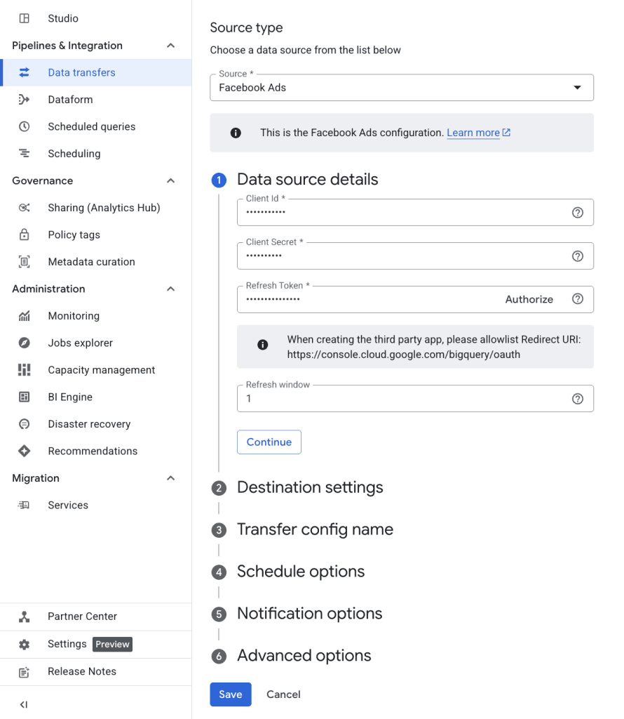 Configuring Facebook Ads data transfer in BigQuery