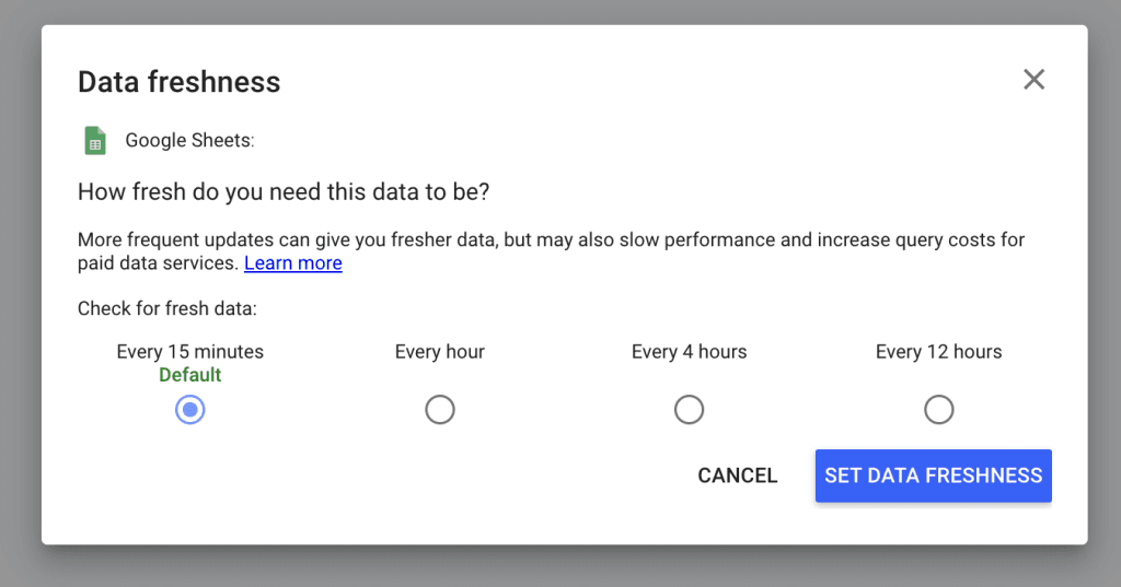 Managing data freshness for Google Sheets data source