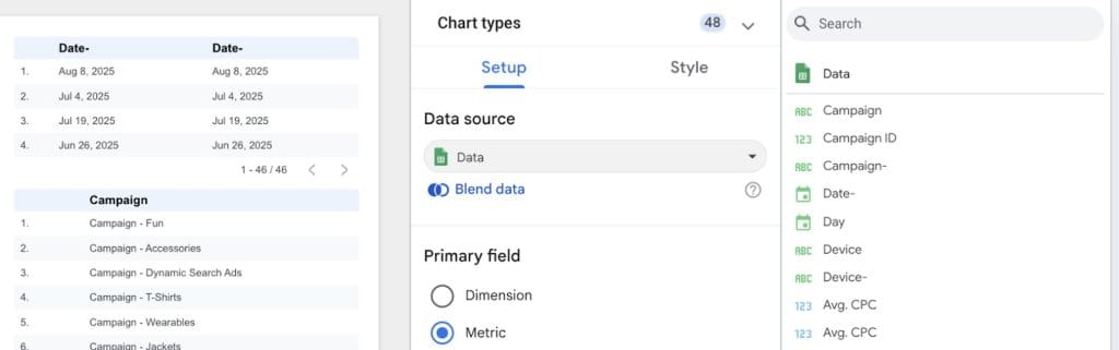 Marketing agency report with Google Ads data via the Google Sheets data connector