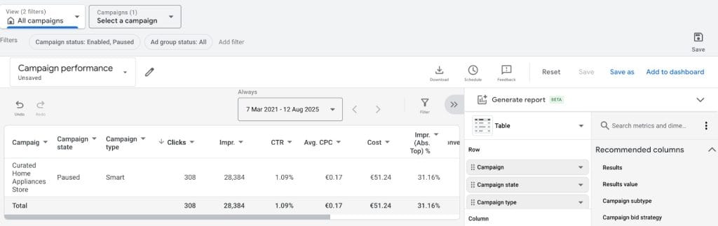 Report builder on a specific Google Ads campaign