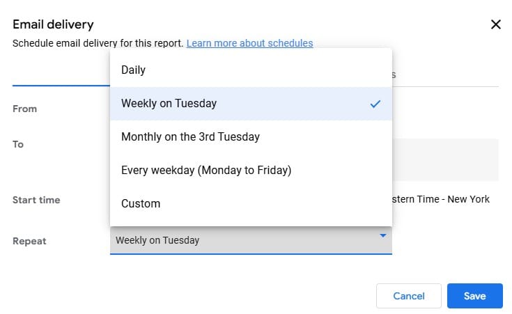 Scheduling email reports for every Tuesday in Looker Studio